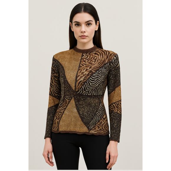 Alberto Makali Mixed Pattern Beaded Top Luxe Brown Black & Gold Statement  Small - Picture 1 of 10